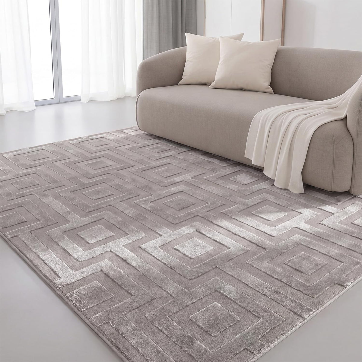 Interiyou Tapis Salon à Poils Courts Cannes - 120x170 Crème - Motif bohème scandinave avec Effet 3D - Plat et géométrique - Poil Ras pour Chambre, Couloir, Bureau