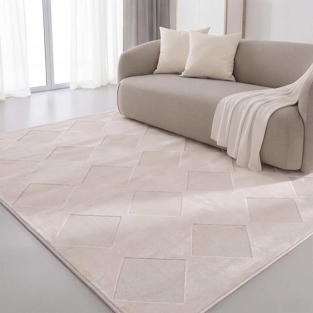 Interiyou Tapis Salon à Poils Courts Cannes - 120x170 Crème - Motif bohème scandinave avec Effet 3D - Plat et géométrique - Poil Ras pour Chambre, Couloir, Bureau