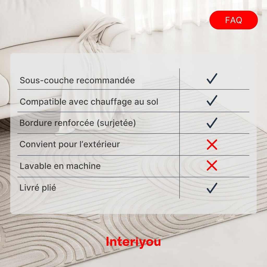 Interiyou Tapis Salon à Poils Courts Cannes - 120x170 Crème - Motif bohème scandinave avec Effet 3D - Plat et géométrique - Poil Ras pour Chambre, Couloir, Bureau