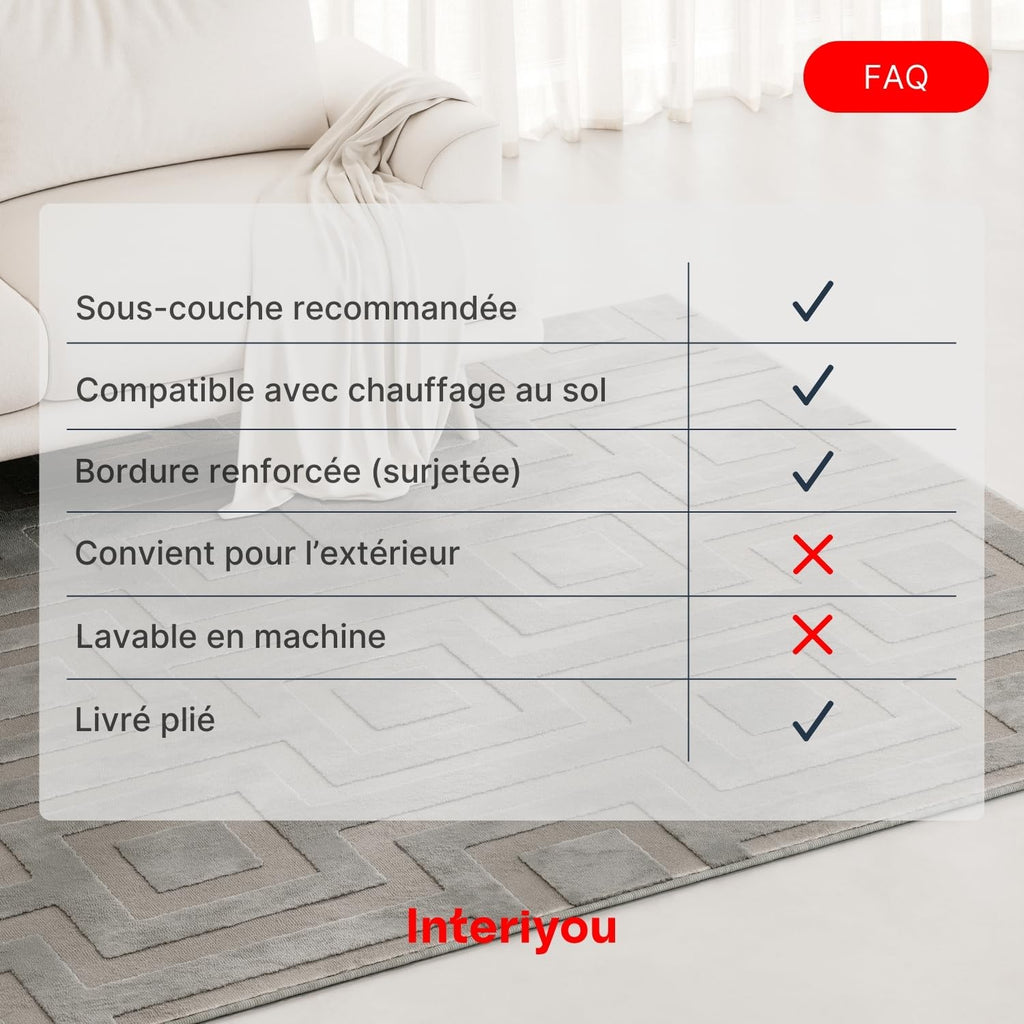 Interiyou Tapis Salon à Poils Courts Cannes - 120x170 Crème - Motif bohème scandinave avec Effet 3D - Plat et géométrique - Poil Ras pour Chambre, Couloir, Bureau