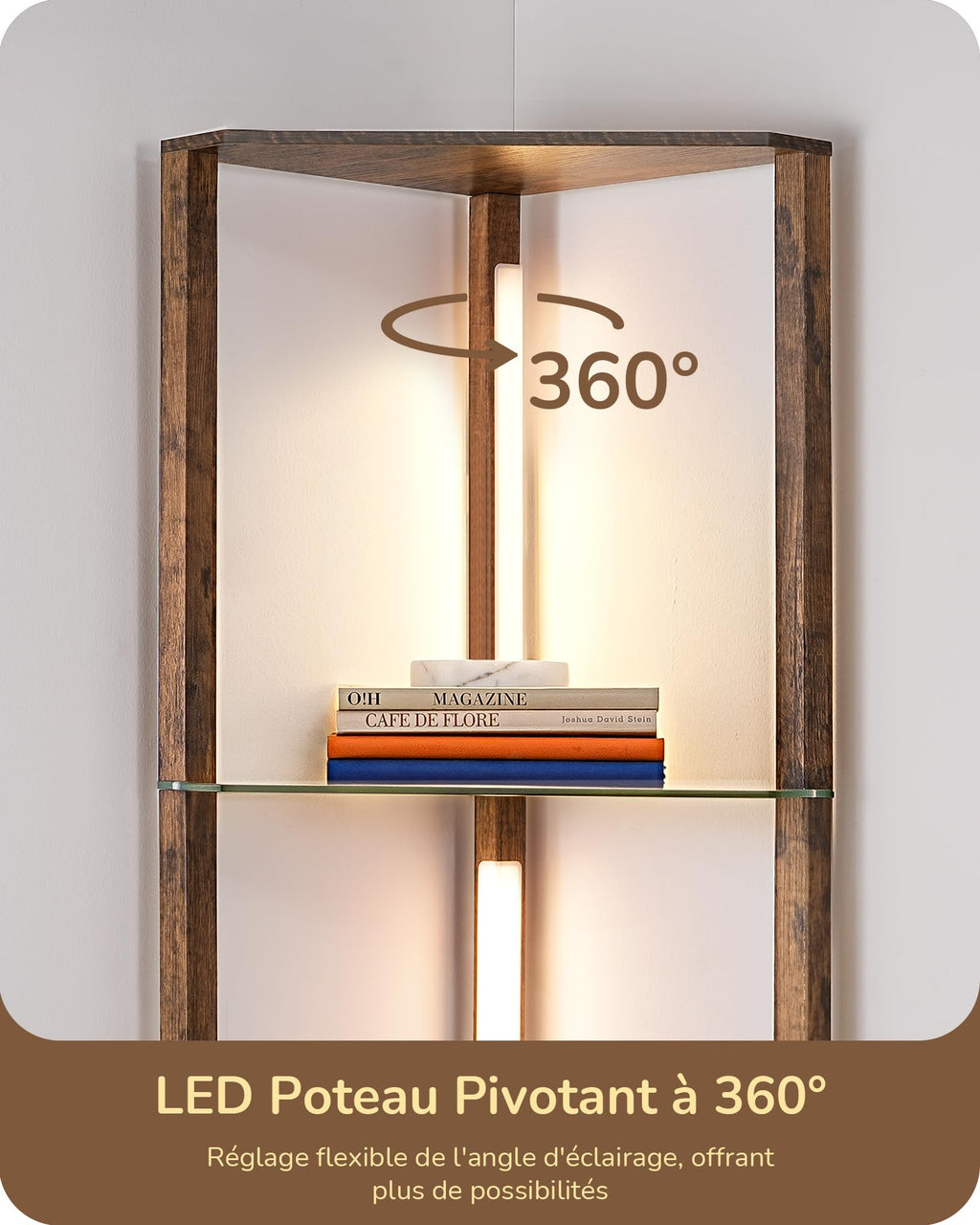 EDISHINE Lampadaire avec Étagère pour Salon, LED Dimmable, Noir | 3 Températures de Couleur, Lampadaire LED avec Tige Pivotante à 360°, Interrupteur au Pied, Étagère d’Angle Éclairée