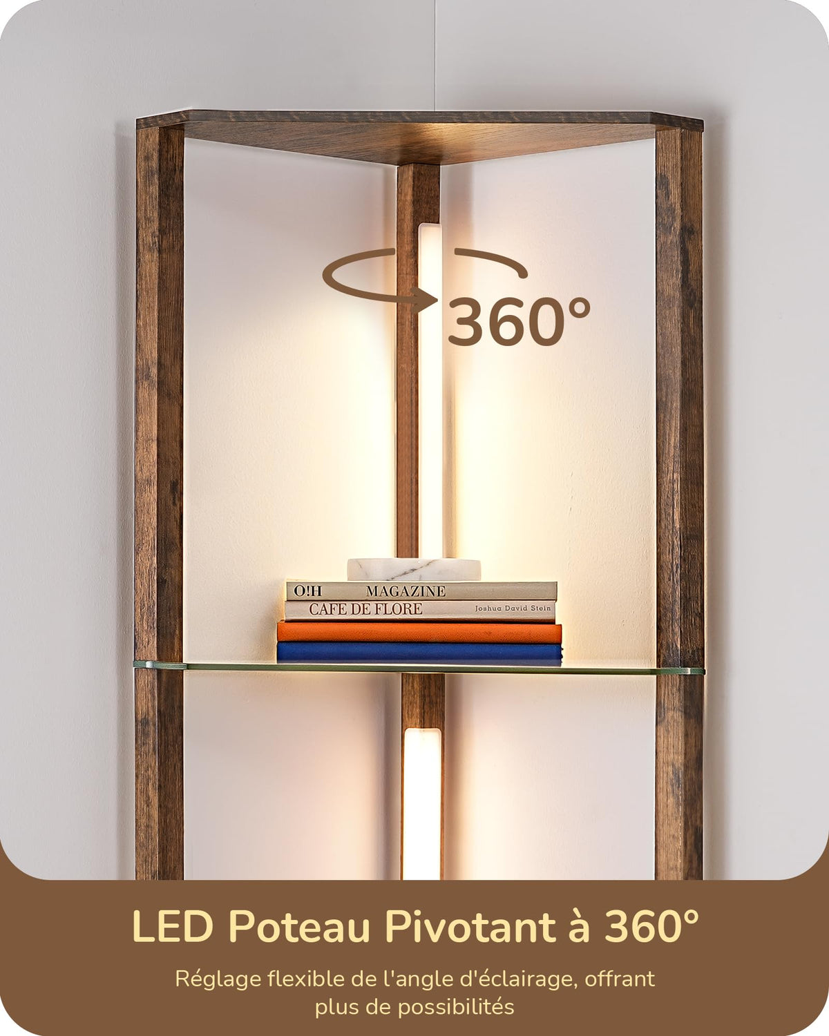 EDISHINE Lampadaire avec Étagère pour Salon, LED Dimmable, Noir | 3 Températures de Couleur, Lampadaire LED avec Tige Pivotante à 360°, Interrupteur au Pied, Étagère d’Angle Éclairée