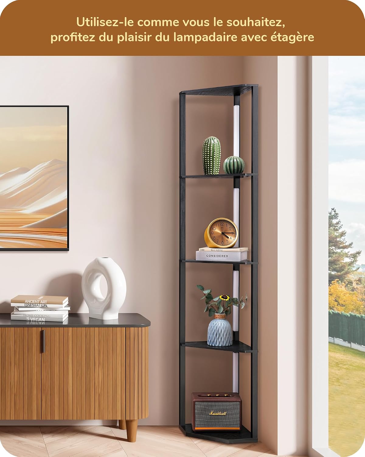 EDISHINE Lampadaire avec Étagère pour Salon, LED Dimmable, Noir | 3 Températures de Couleur, Lampadaire LED avec Tige Pivotante à 360°, Interrupteur au Pied, Étagère d’Angle Éclairée