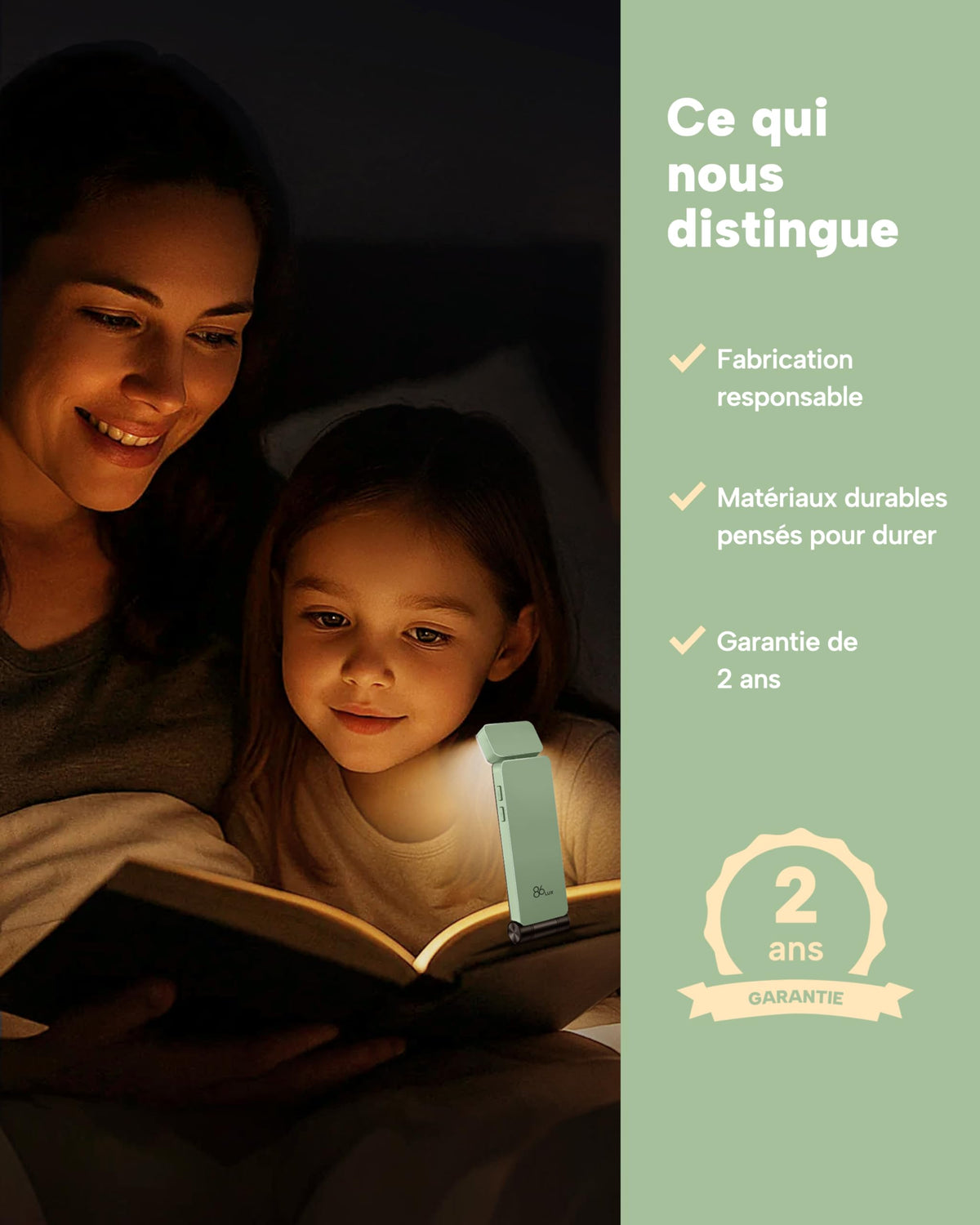 86lux Lampe de Lecture Rechargeable Liseuse LED USB-C, Vert | Lampe à Pince Marque-Page avec 3 Températures de Couleur, Jusqu'à 80H d'Autonomie