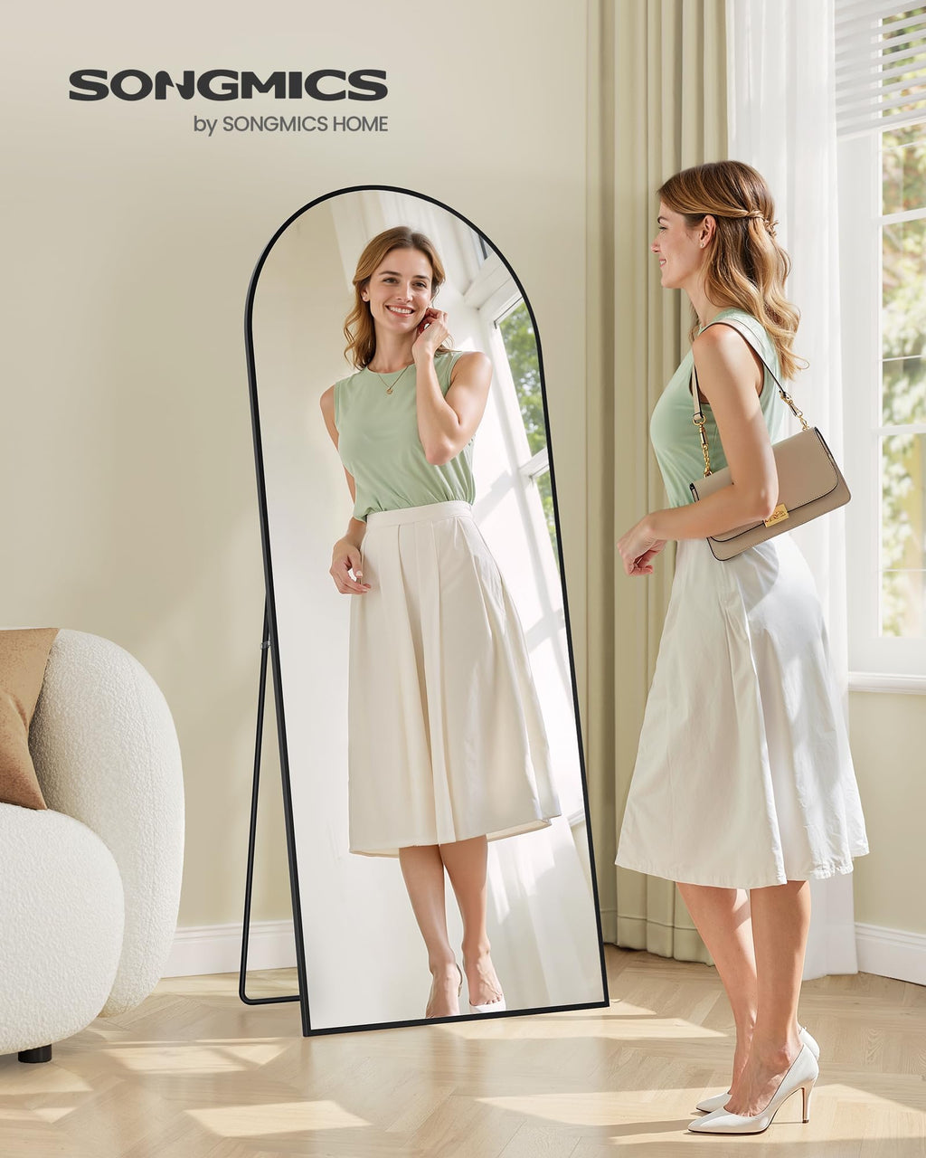 SONGMICS Miroir Intégral, 160 x 50 cm, Miroir Arqué sur Pied, à Poser au Sol, Cadre en Alliage d’Aluminium, Verre Trempé, pour Chambre, Salon, Dressing, Noir d'encre LFM031B01 | Cadre en alliage d'aluminium pour chambre à coucher, salon, vestiaire, noir m