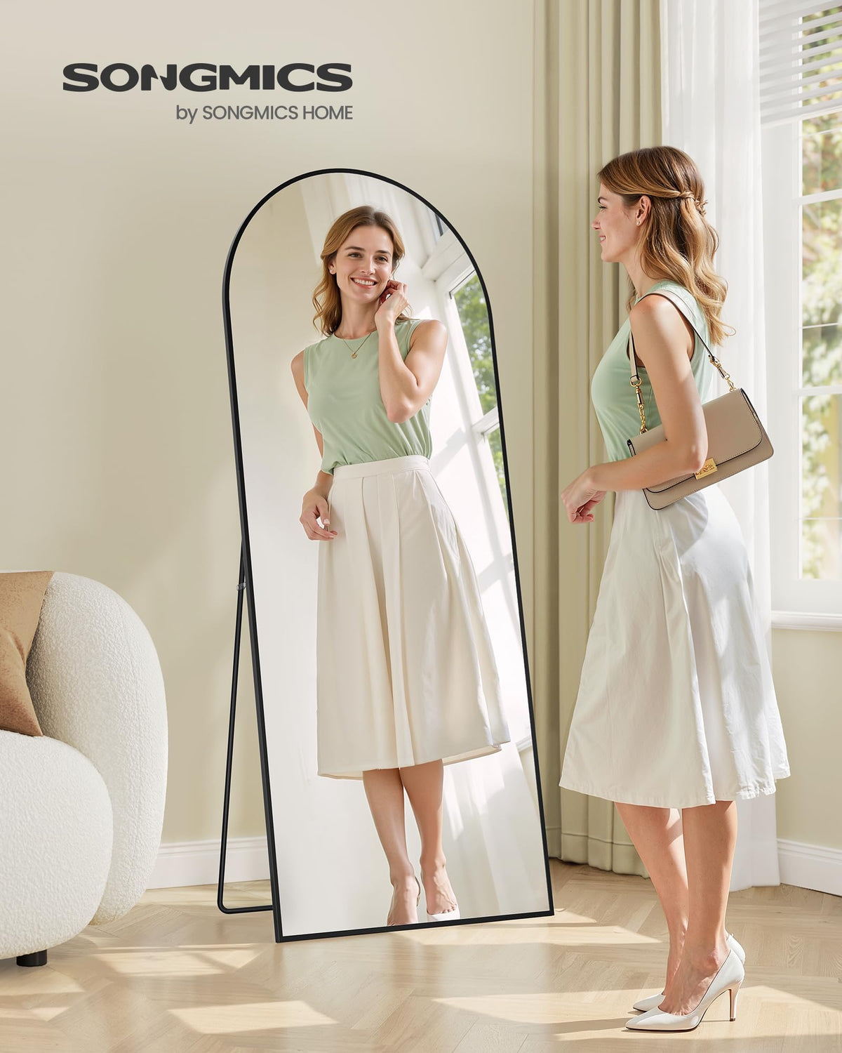 SONGMICS Miroir Intégral, 160 x 50 cm, Miroir Arqué sur Pied, à Poser au Sol, Cadre en Alliage d’Aluminium, Verre Trempé, pour Chambre, Salon, Dressing, Noir d'encre LFM031B01 | Cadre en alliage d'aluminium pour chambre à coucher, salon, vestiaire, noir m