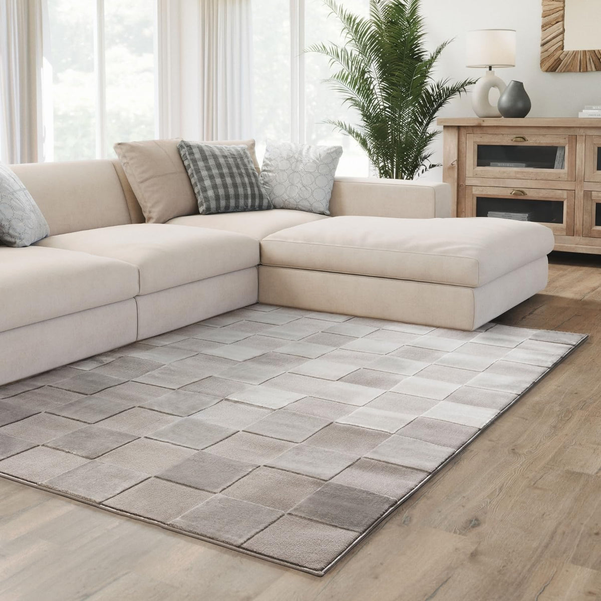 Interiyou Tapis Salon à Poils Courts Cannes - 120x170 Crème - Motif bohème scandinave avec Effet 3D - Plat et géométrique - Poil Ras pour Chambre, Couloir, Bureau
