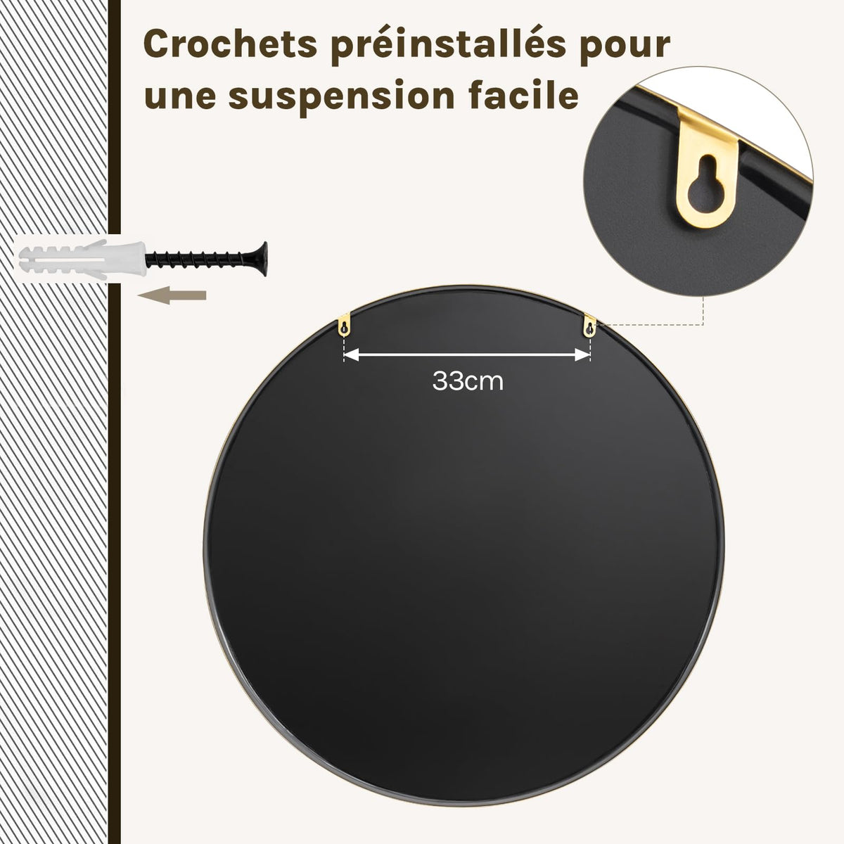 WOLTU Miroir Mural Rond, Miroir Salle de Bain, Ø50 cm, Doré | Cadre en Métal, Miroir Rond Décoratif pour Entrée, Chambre, Maquillage, Couloir, Moderne