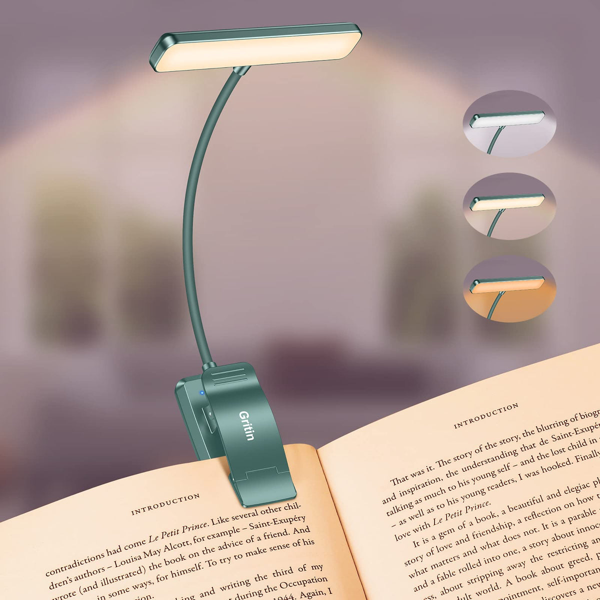 Gritin Lampe de Lecture 19LED Liseuse Clip Rechargeable Protection des Yeux | Gradation en Continu &3 Couleurs (Ambre/Blanc/Mixte), 360°Cou Flexible, Longue Durée, Légère&Portable pour Lire au Lit