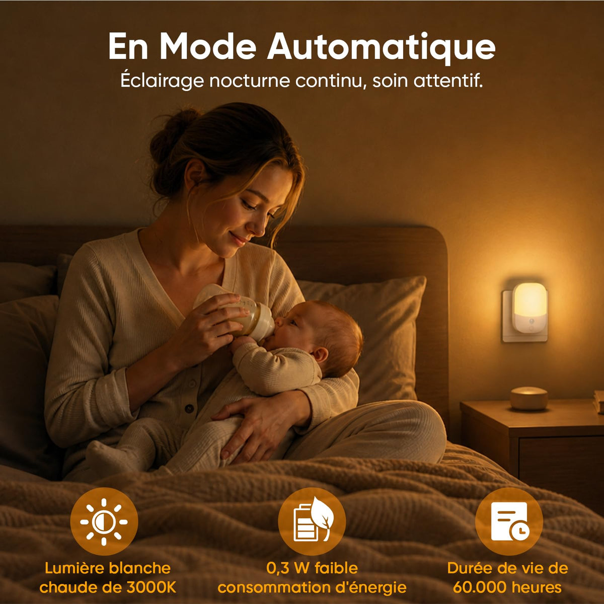 Suright Lot de 2 Veilleuses Enfant à Prise Murale, CAPTEUR LUMIÈRE INTELLIGENT, 5 Intensités Lumineuses, 3 Modes, Lumière Blanc Chaud, Lampe de Nuit Bébé pour Chambre, Escalier, Cuisine 0,3W