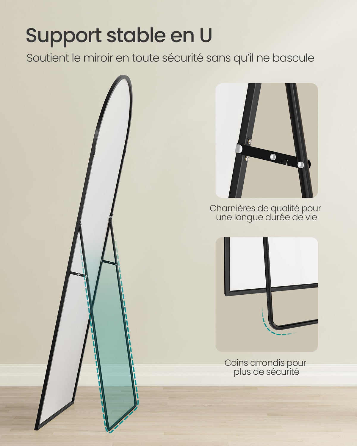 SONGMICS Miroir Intégral, 160 x 50 cm, Miroir Arqué sur Pied, à Poser au Sol, Cadre en Alliage d’Aluminium, Verre Trempé, pour Chambre, Salon, Dressing, Noir d'encre LFM031B01 | Cadre en alliage d'aluminium pour chambre à coucher, salon, vestiaire, noir m
