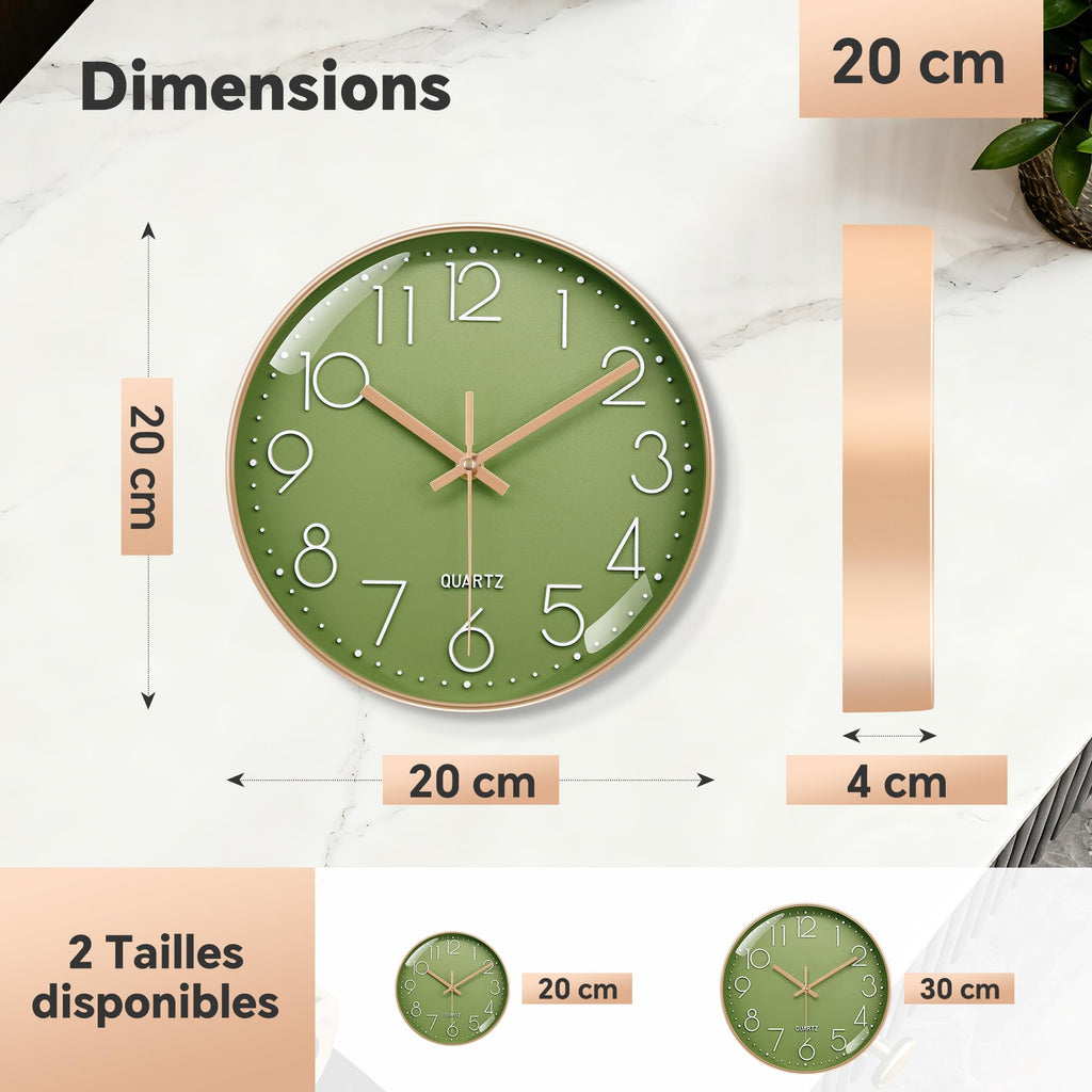 VIKMARI Horloge Murale 20 cm Moderne, Silencieuse, Or Rose, Cuisine, Salon | Décoration cuisine, horloge design moderne, grands chiffres 3D, silencieuse sans tic-tac, idéale pour salon et chambre