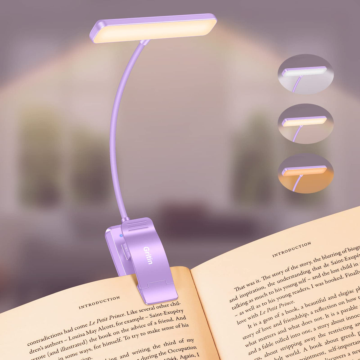 Gritin Lampe de Lecture 19LED Liseuse Clip Rechargeable Protection des Yeux | Gradation en Continu &3 Couleurs (Ambre/Blanc/Mixte), 360°Cou Flexible, Longue Durée, Légère&Portable pour Lire au Lit
