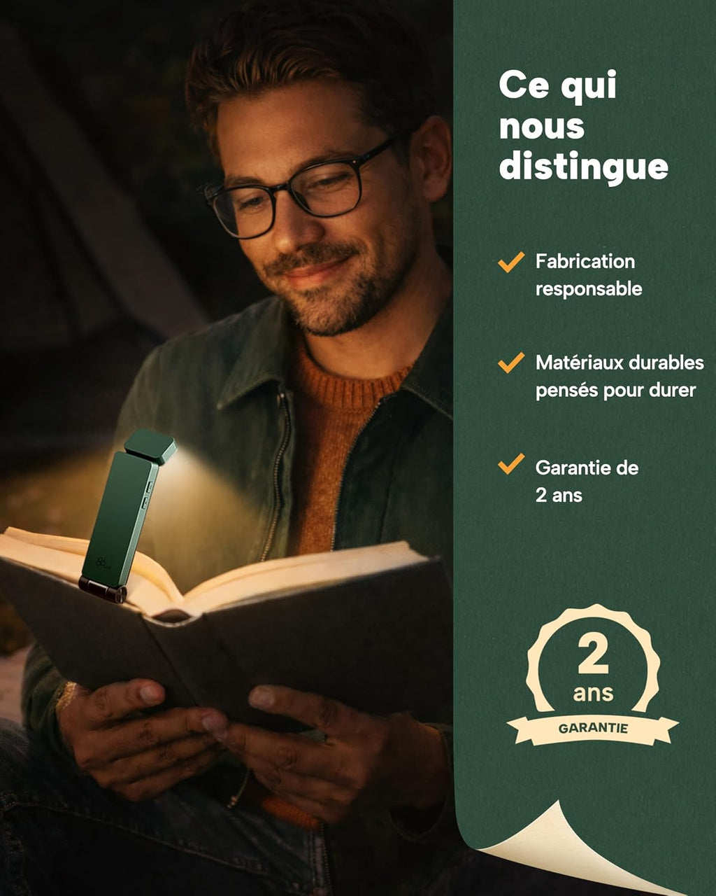 86lux Lampe de Lecture Rechargeable Liseuse LED USB-C, Vert | Lampe à Pince Marque-Page avec 3 Températures de Couleur, Jusqu'à 80H d'Autonomie