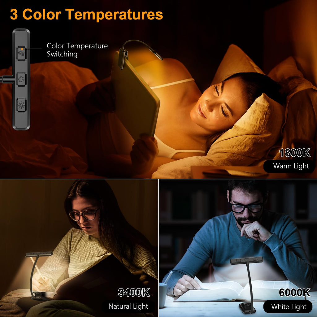 Gritin Lampe de Lecture 19LED Liseuse Clip Rechargeable Protection des Yeux | Gradation en Continu &3 Couleurs (Ambre/Blanc/Mixte), 360°Cou Flexible, Longue Durée, Légère&Portable pour Lire au Lit