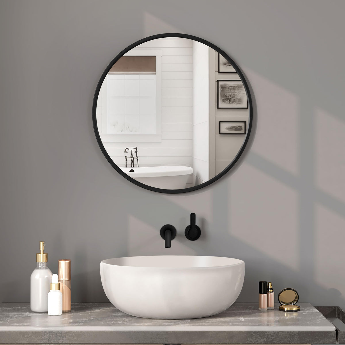WOLTU Miroir Mural Rond, Miroir Salle de Bain, Ø50 cm, Doré | Cadre en Métal, Miroir Rond Décoratif pour Entrée, Chambre, Maquillage, Couloir, Moderne
