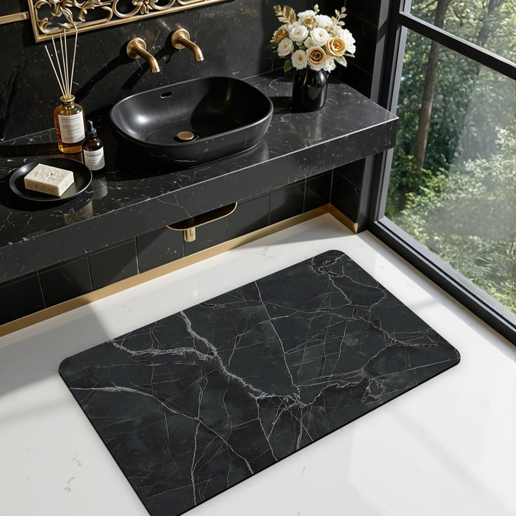 DEXI Tapis de Bain Antidérapant Ultra Mince 40x60cm Noir | Super Absorbant, Sèche Rapide, Motif Marbre Moderne, Facile à Nettoyer, pour Salle de Bain, Baignoire et Douche