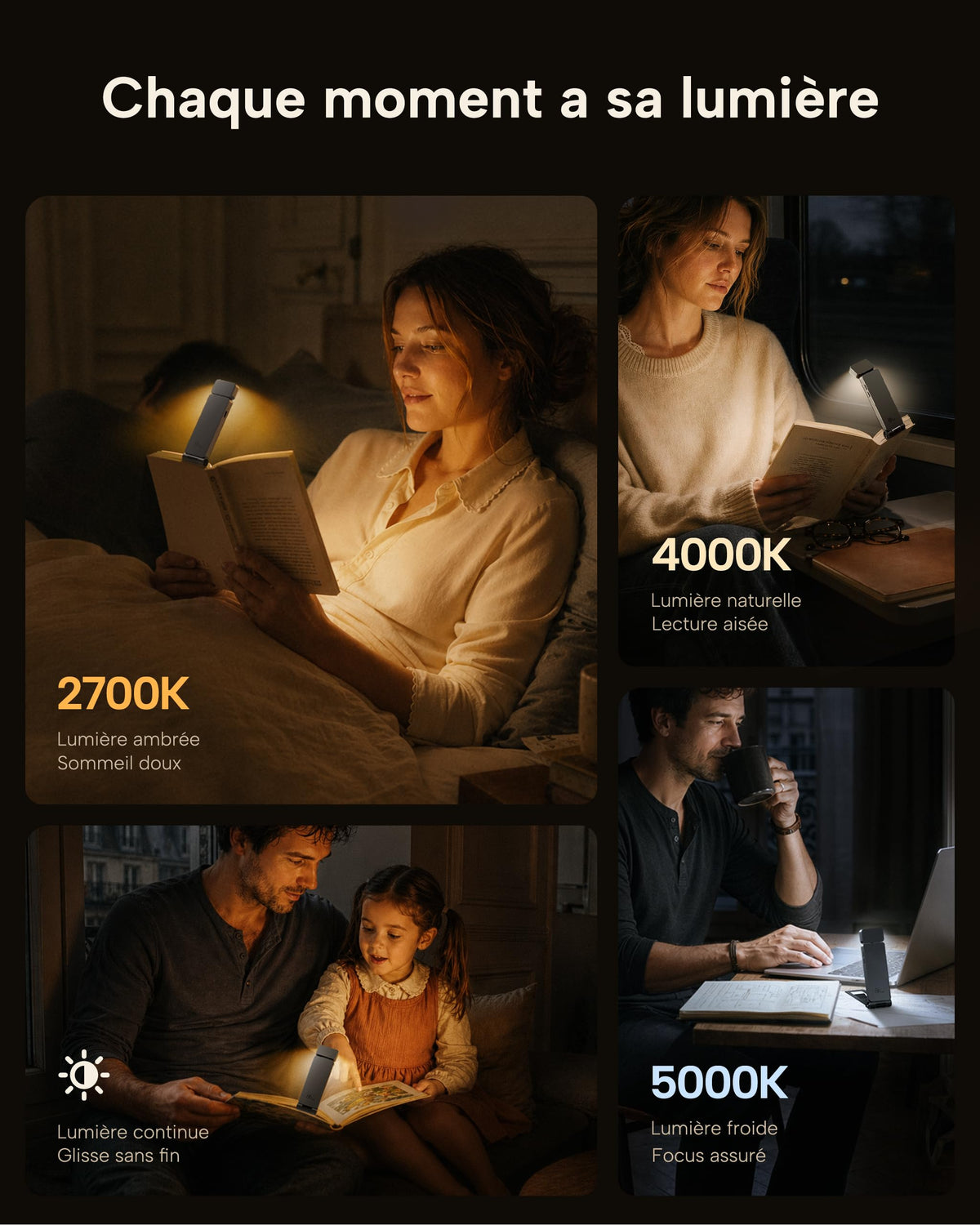 86lux Lampe de Lecture Rechargeable Liseuse LED USB-C, Vert | Lampe à Pince Marque-Page avec 3 Températures de Couleur, Jusqu'à 80H d'Autonomie
