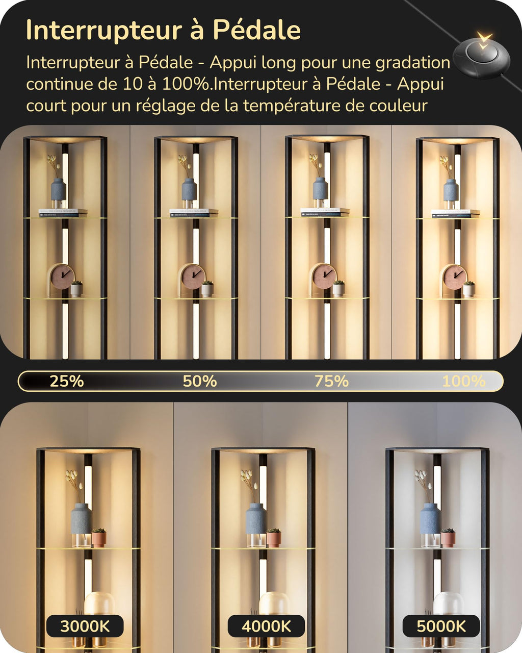 EDISHINE Lampadaire avec Étagère pour Salon, LED Dimmable, Noir | 3 Températures de Couleur, Lampadaire LED avec Tige Pivotante à 360°, Interrupteur au Pied, Étagère d’Angle Éclairée