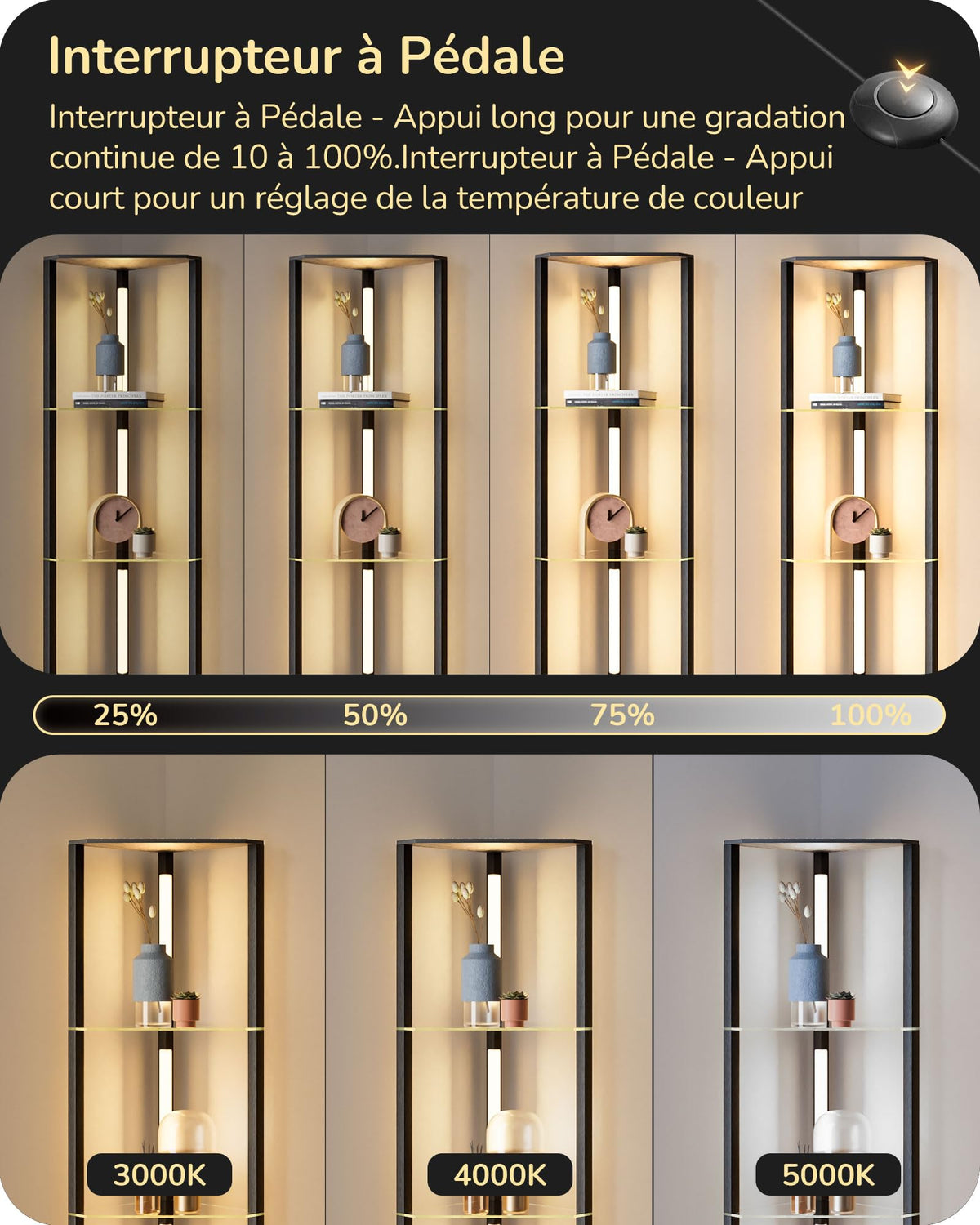 EDISHINE Lampadaire avec Étagère pour Salon, LED Dimmable, Noir | 3 Températures de Couleur, Lampadaire LED avec Tige Pivotante à 360°, Interrupteur au Pied, Étagère d’Angle Éclairée