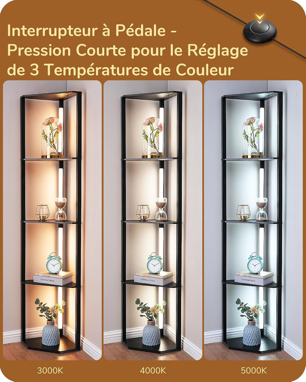 EDISHINE Lampadaire avec Étagère pour Salon, LED Dimmable, Noir | 3 Températures de Couleur, Lampadaire LED avec Tige Pivotante à 360°, Interrupteur au Pied, Étagère d’Angle Éclairée