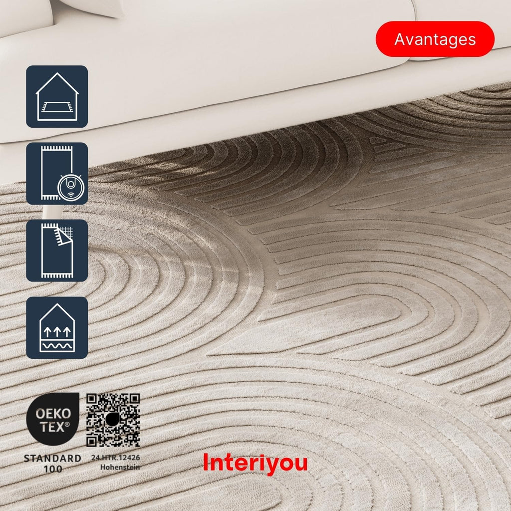 Interiyou Tapis Salon à Poils Courts Cannes - 120x170 Crème - Motif bohème scandinave avec Effet 3D - Plat et géométrique - Poil Ras pour Chambre, Couloir, Bureau