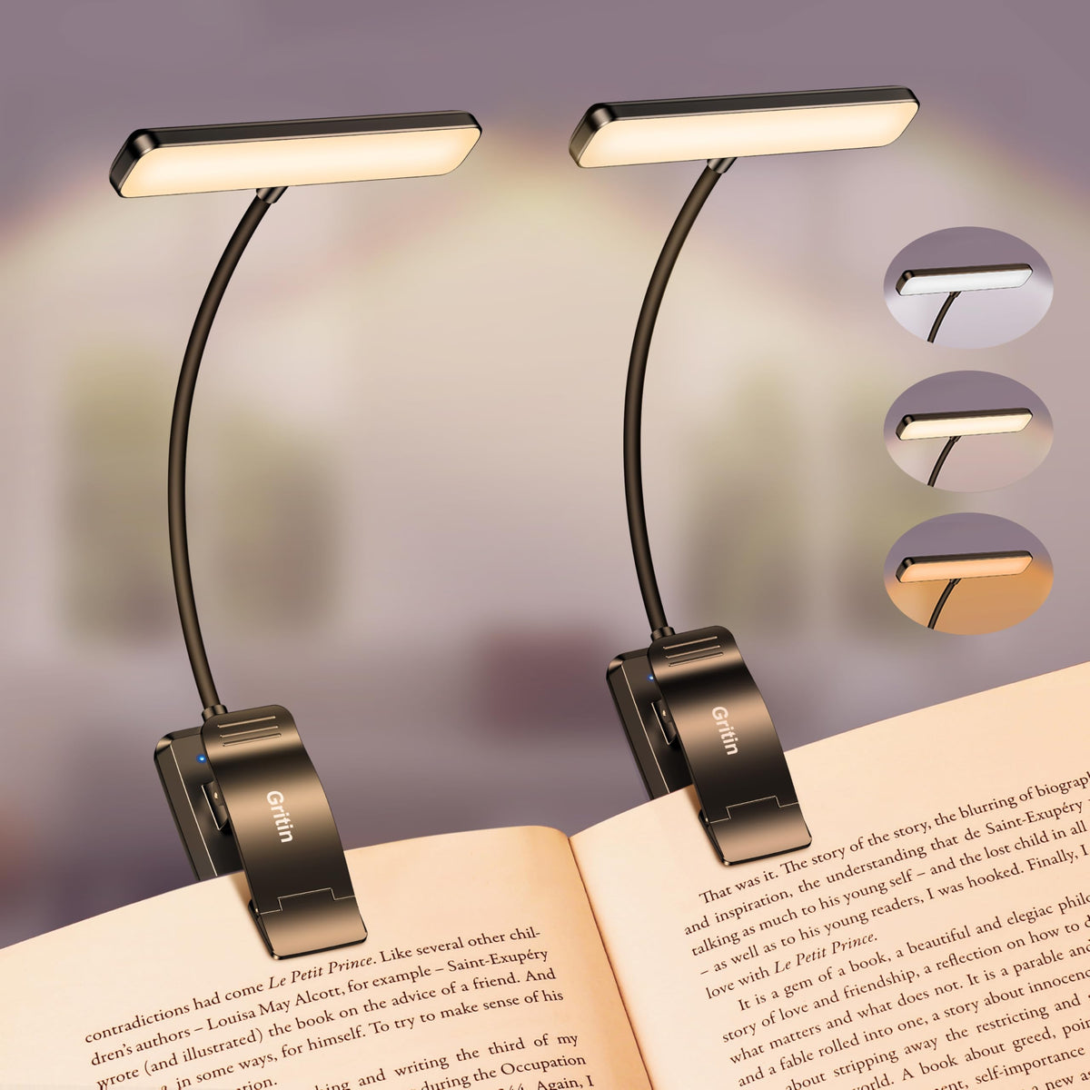 Gritin Lampe de Lecture 19LED Liseuse Clip Rechargeable Protection des Yeux | Gradation en Continu &3 Couleurs (Ambre/Blanc/Mixte), 360°Cou Flexible, Longue Durée, Légère&Portable pour Lire au Lit