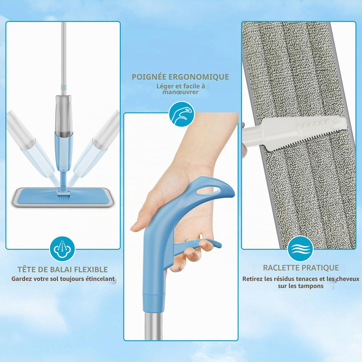 Balais Serpillère Vaporisateur, MEXERRIS Balai Lave Sol avec 2 Reservoirs | Spray Mop Professionnel Microfibre Mop Pulvérisateur pour la Maison, la Cuisine, Bois, Parquet, Stratifié, Bois, Carrelage