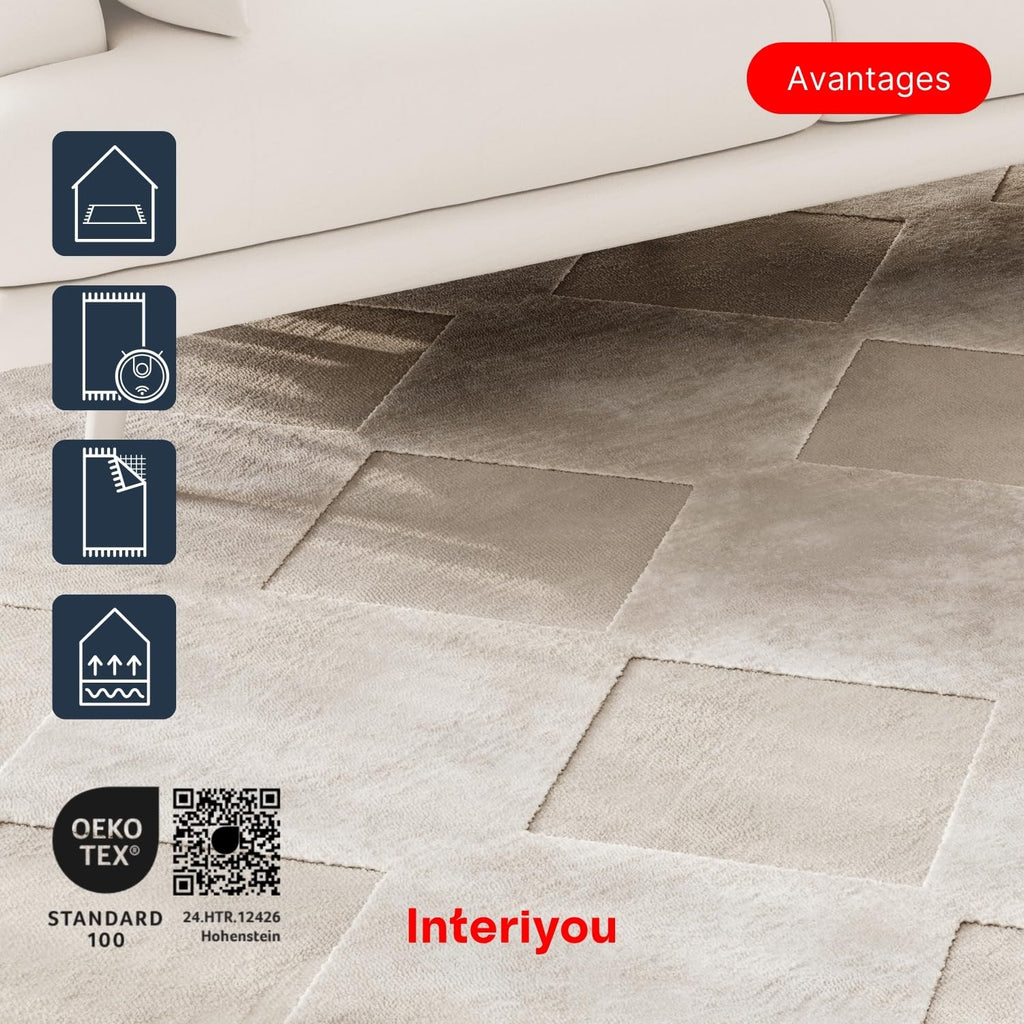 Interiyou Tapis Salon à Poils Courts Cannes - 120x170 Crème - Motif bohème scandinave avec Effet 3D - Plat et géométrique - Poil Ras pour Chambre, Couloir, Bureau