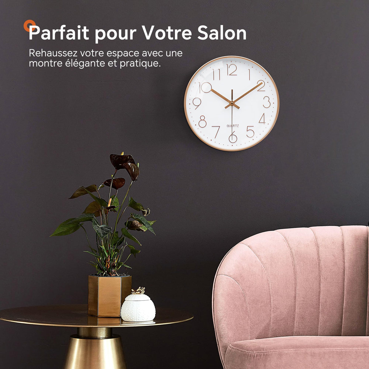 VIKMARI Horloge Murale 20 cm Moderne, Silencieuse, Or Rose, Cuisine, Salon | Décoration cuisine, horloge design moderne, grands chiffres 3D, silencieuse sans tic-tac, idéale pour salon et chambre