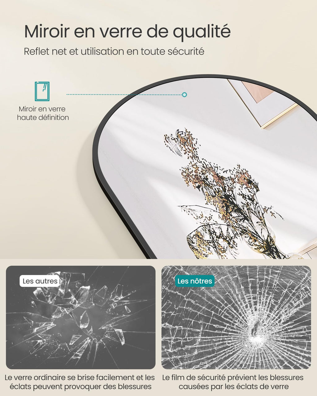 SONGMICS Miroir Intégral, 160 x 50 cm, Miroir Arqué sur Pied, à Poser au Sol, Cadre en Alliage d’Aluminium, Verre Trempé, pour Chambre, Salon, Dressing, Noir d'encre LFM031B01 | Cadre en alliage d'aluminium pour chambre à coucher, salon, vestiaire, noir m