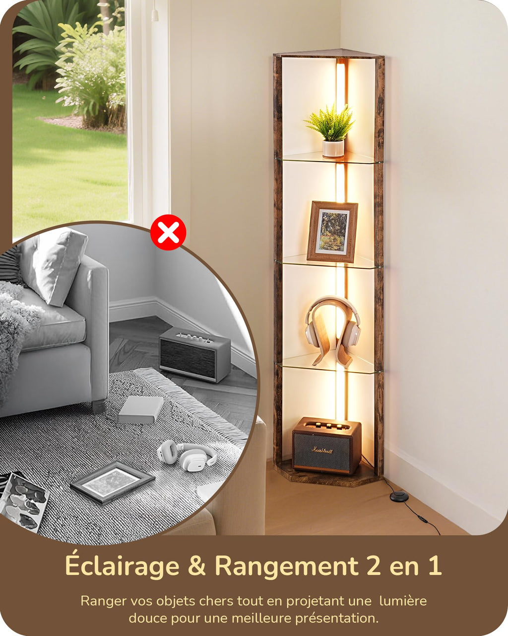 EDISHINE Lampadaire avec Étagère pour Salon, LED Dimmable, Noir | 3 Températures de Couleur, Lampadaire LED avec Tige Pivotante à 360°, Interrupteur au Pied, Étagère d’Angle Éclairée