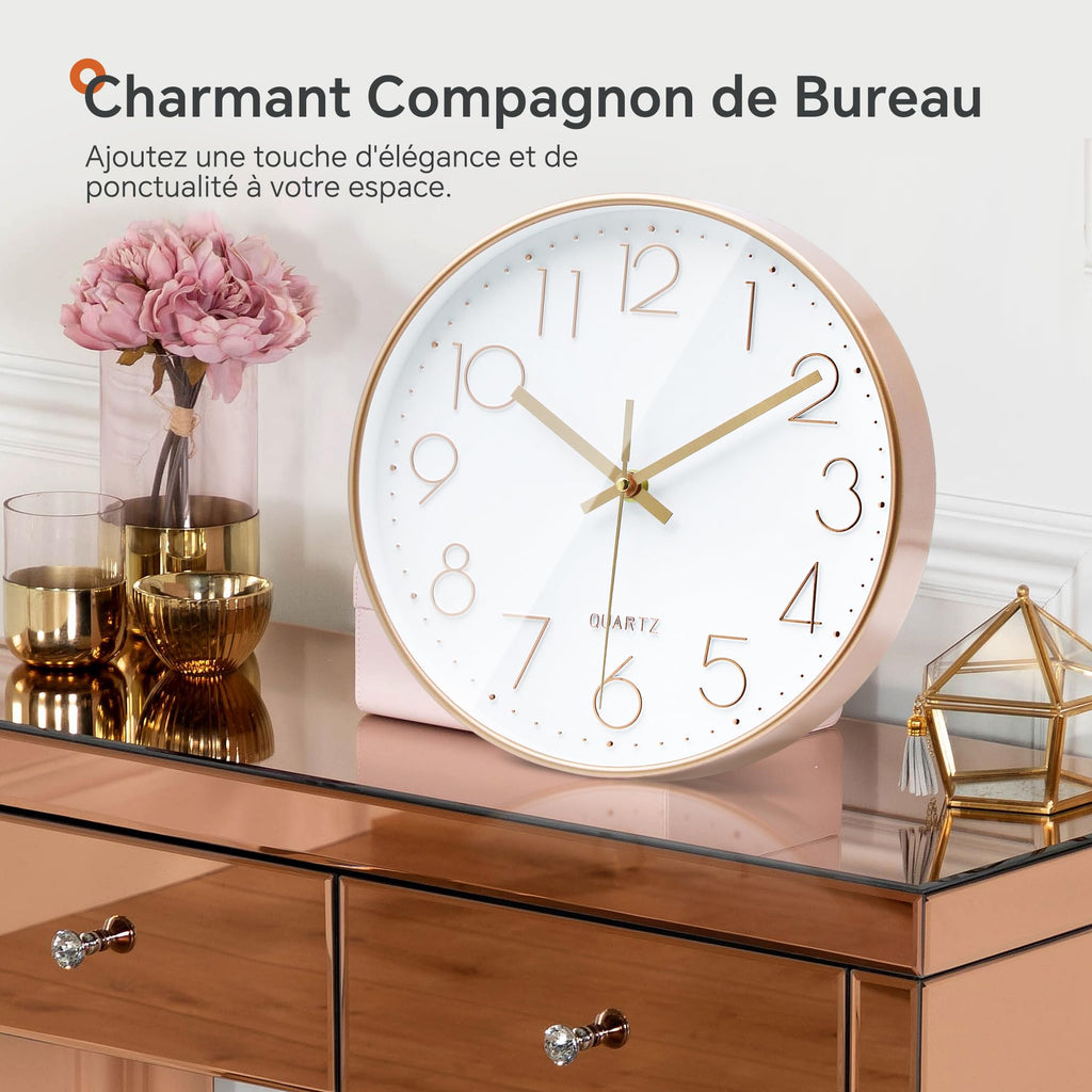 VIKMARI Horloge Murale 20 cm Moderne, Silencieuse, Or Rose, Cuisine, Salon | Décoration cuisine, horloge design moderne, grands chiffres 3D, silencieuse sans tic-tac, idéale pour salon et chambre