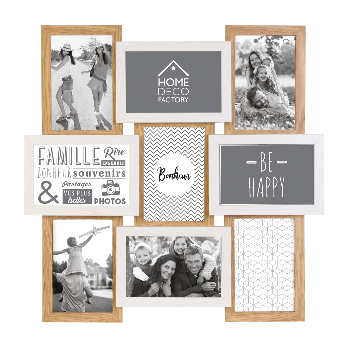 HOME DECO FACTORY Cadre Photos Pêle-Mêle 10 Vues Bois et Blanc Marron | Bois et verre, cadre photos pêle-mêle, 10 vues, design bicolore, décoration souvenirs, fixation murale, beige et marron