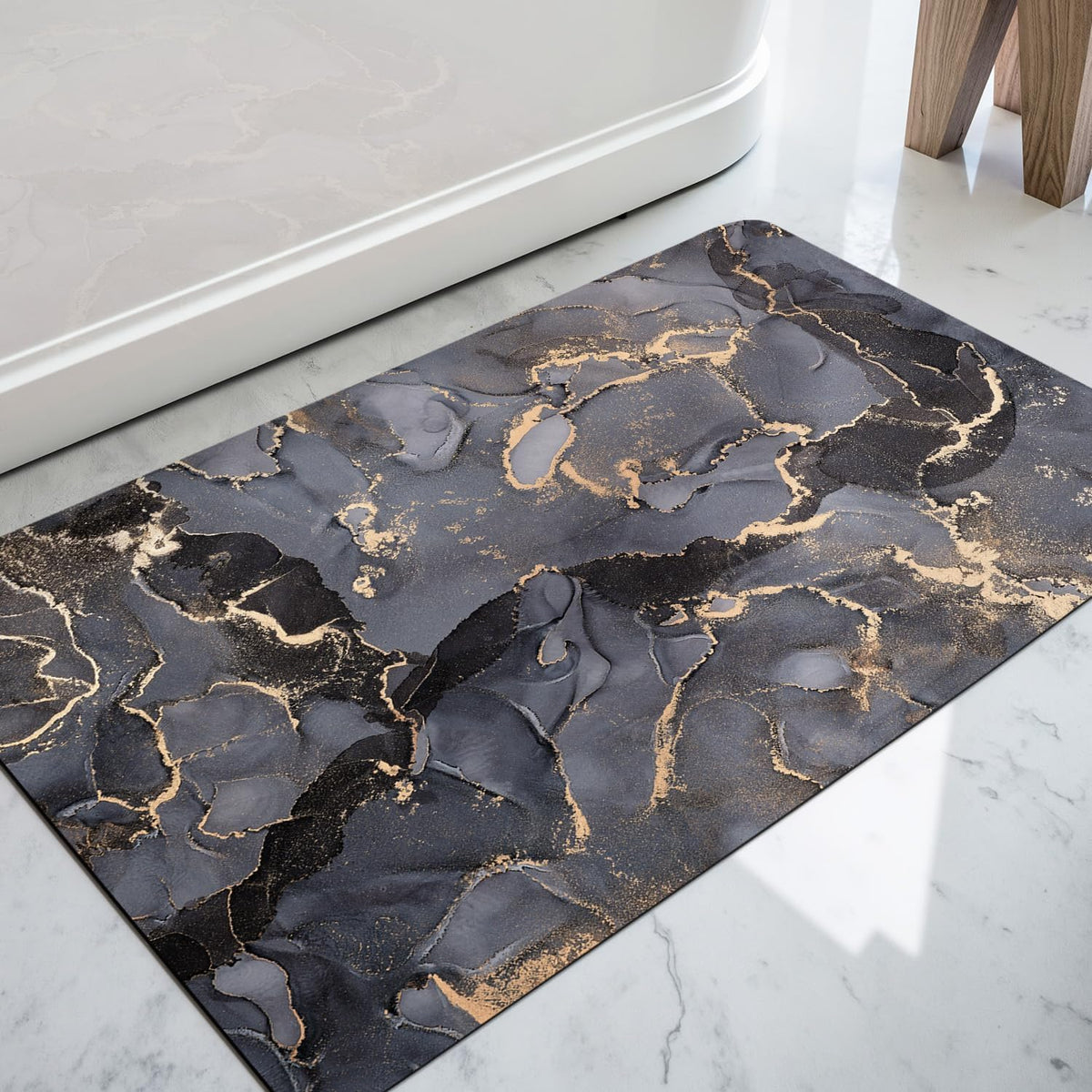 DEXI Tapis de Bain Antidérapant Ultra Mince 40x60cm Noir | Super Absorbant, Sèche Rapide, Motif Marbre Moderne, Facile à Nettoyer, pour Salle de Bain, Baignoire et Douche