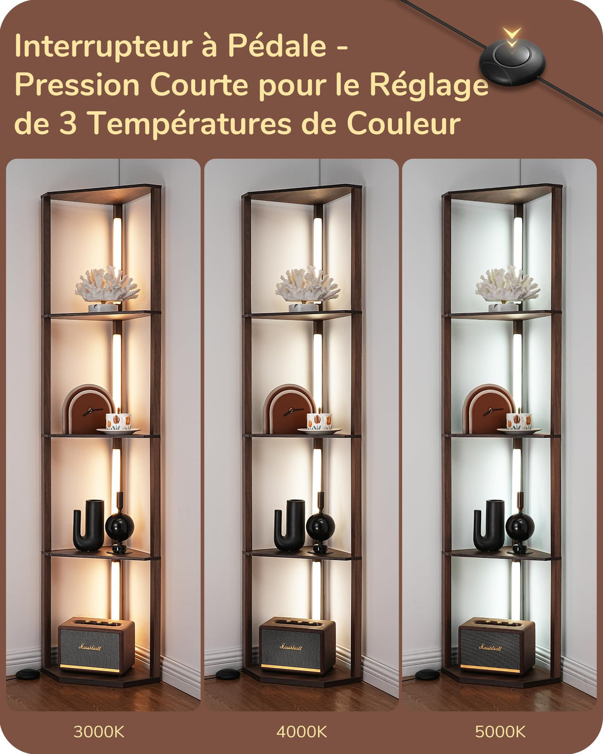 EDISHINE Lampadaire avec Étagère pour Salon, LED Dimmable, Noir | 3 Températures de Couleur, Lampadaire LED avec Tige Pivotante à 360°, Interrupteur au Pied, Étagère d’Angle Éclairée