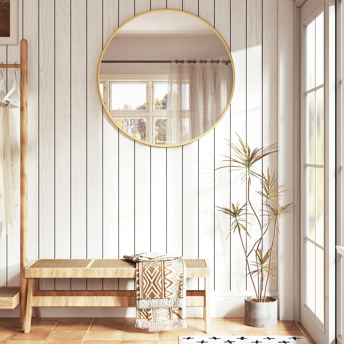 WOLTU Miroir Mural Rond, Miroir Salle de Bain, Ø50 cm, Doré | Cadre en Métal, Miroir Rond Décoratif pour Entrée, Chambre, Maquillage, Couloir, Moderne