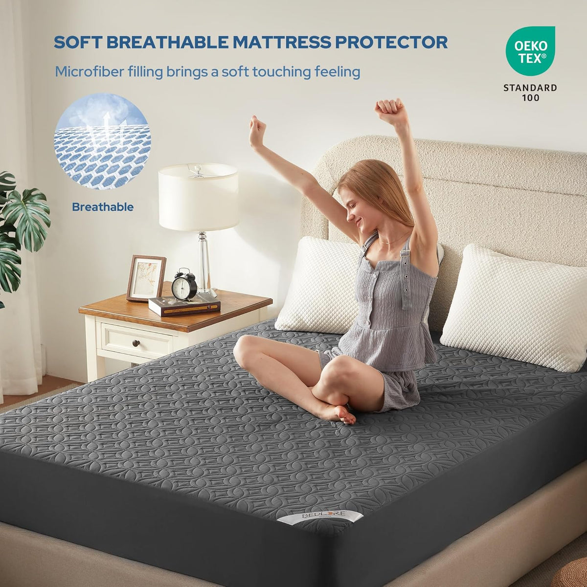 Protège-matelas imperméable BEDLORE, taille King | Bonnets profonds adaptés aux matelas de 15 à 46 cm (6 à 18 pouces), housse douce, silencieuse et résistante aux salissures, lavable (pour maison, chambre, hôtel) – Gris