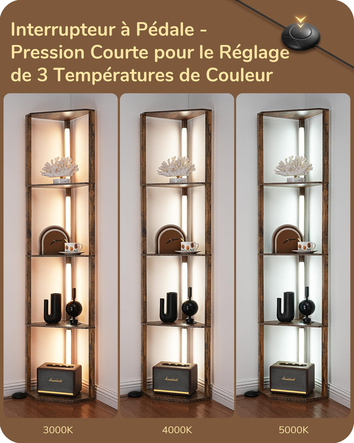 EDISHINE Lampadaire avec Étagère pour Salon, LED Dimmable, Noir | 3 Températures de Couleur, Lampadaire LED avec Tige Pivotante à 360°, Interrupteur au Pied, Étagère d’Angle Éclairée