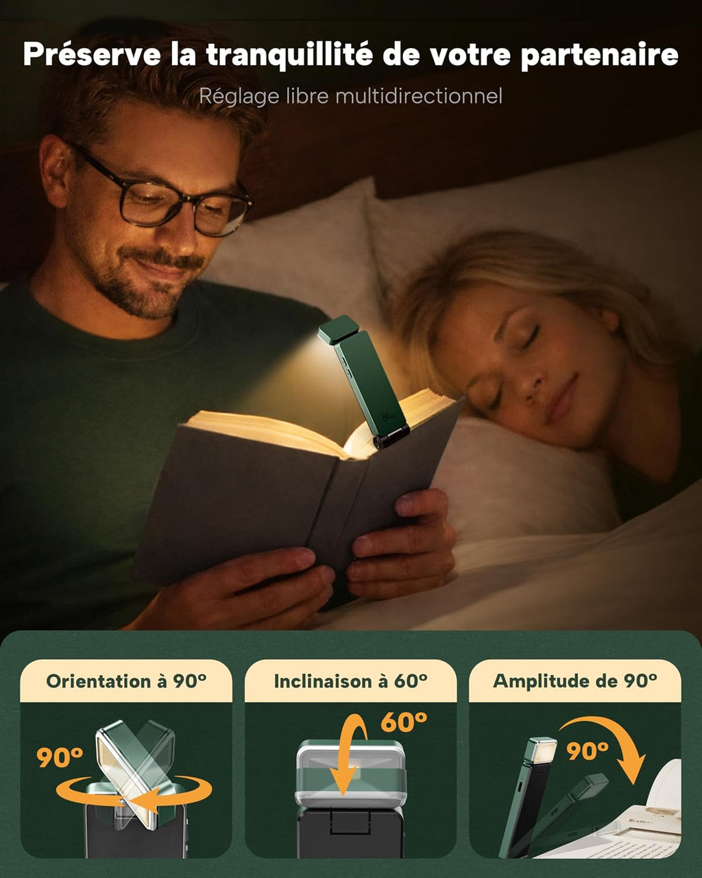 86lux Lampe de Lecture Rechargeable Liseuse LED USB-C, Vert | Lampe à Pince Marque-Page avec 3 Températures de Couleur, Jusqu'à 80H d'Autonomie