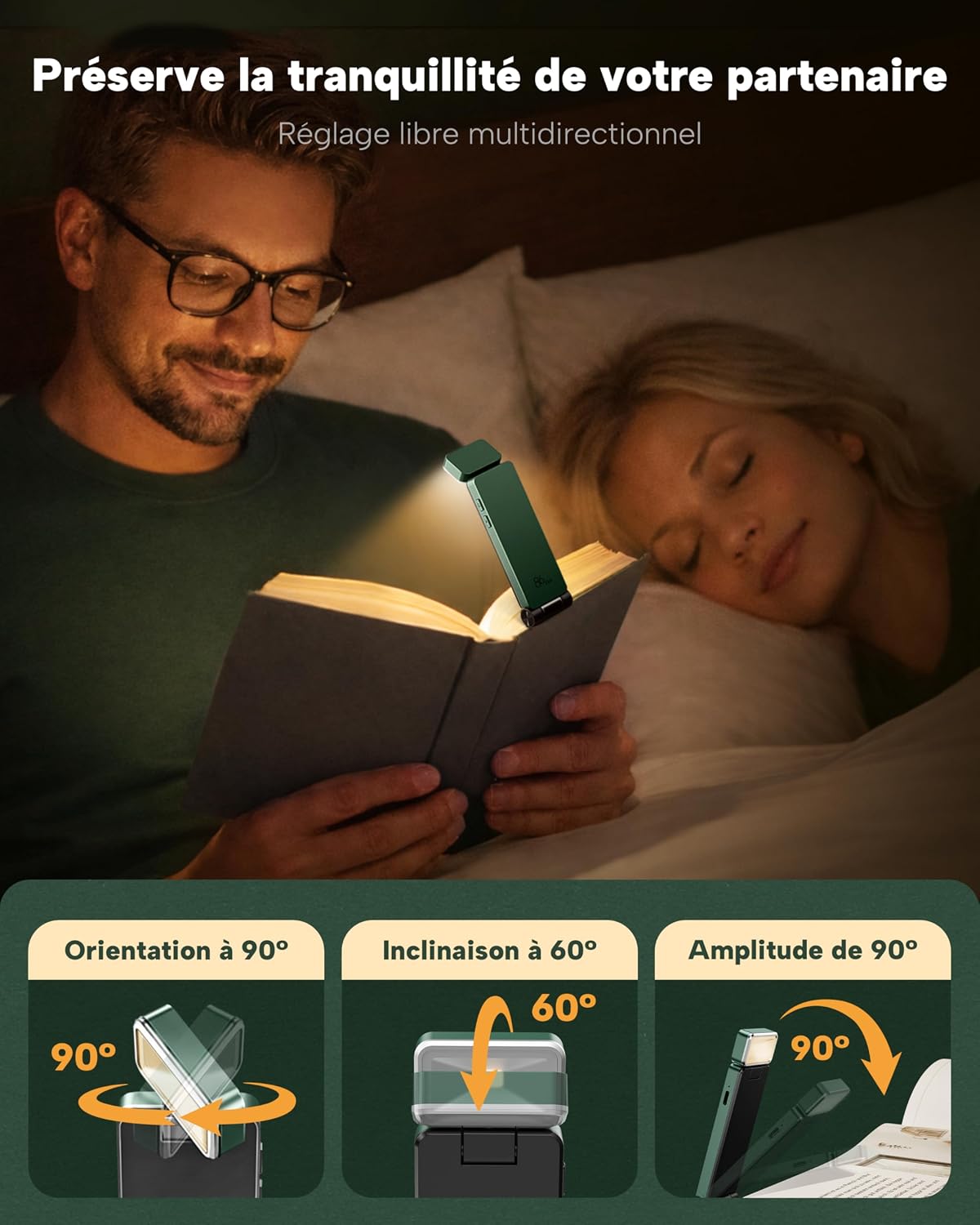 86lux Lampe de Lecture Rechargeable Liseuse LED USB-C, Vert | Lampe à Pince Marque-Page avec 3 Températures de Couleur, Jusqu'à 80H d'Autonomie