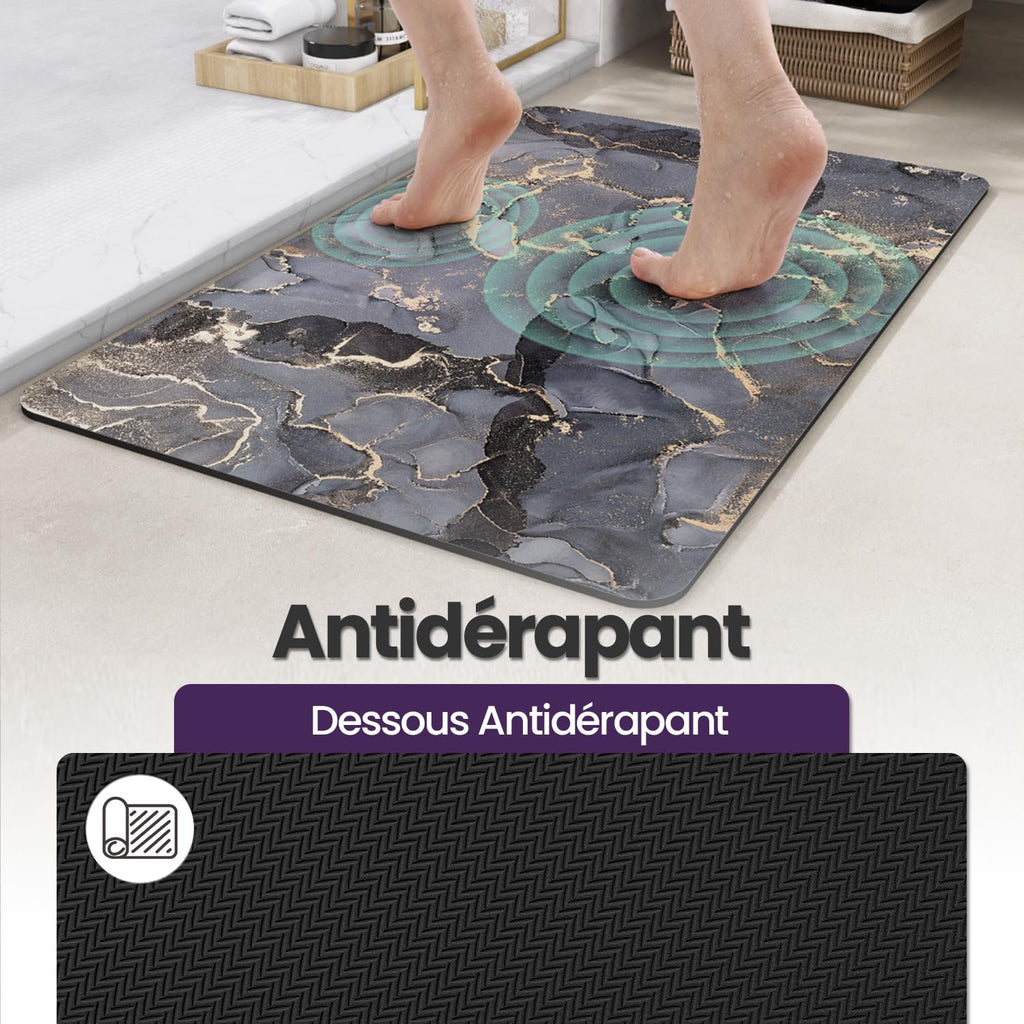 DEXI Tapis de Bain Antidérapant Ultra Mince 40x60cm Noir | Super Absorbant, Sèche Rapide, Motif Marbre Moderne, Facile à Nettoyer, pour Salle de Bain, Baignoire et Douche