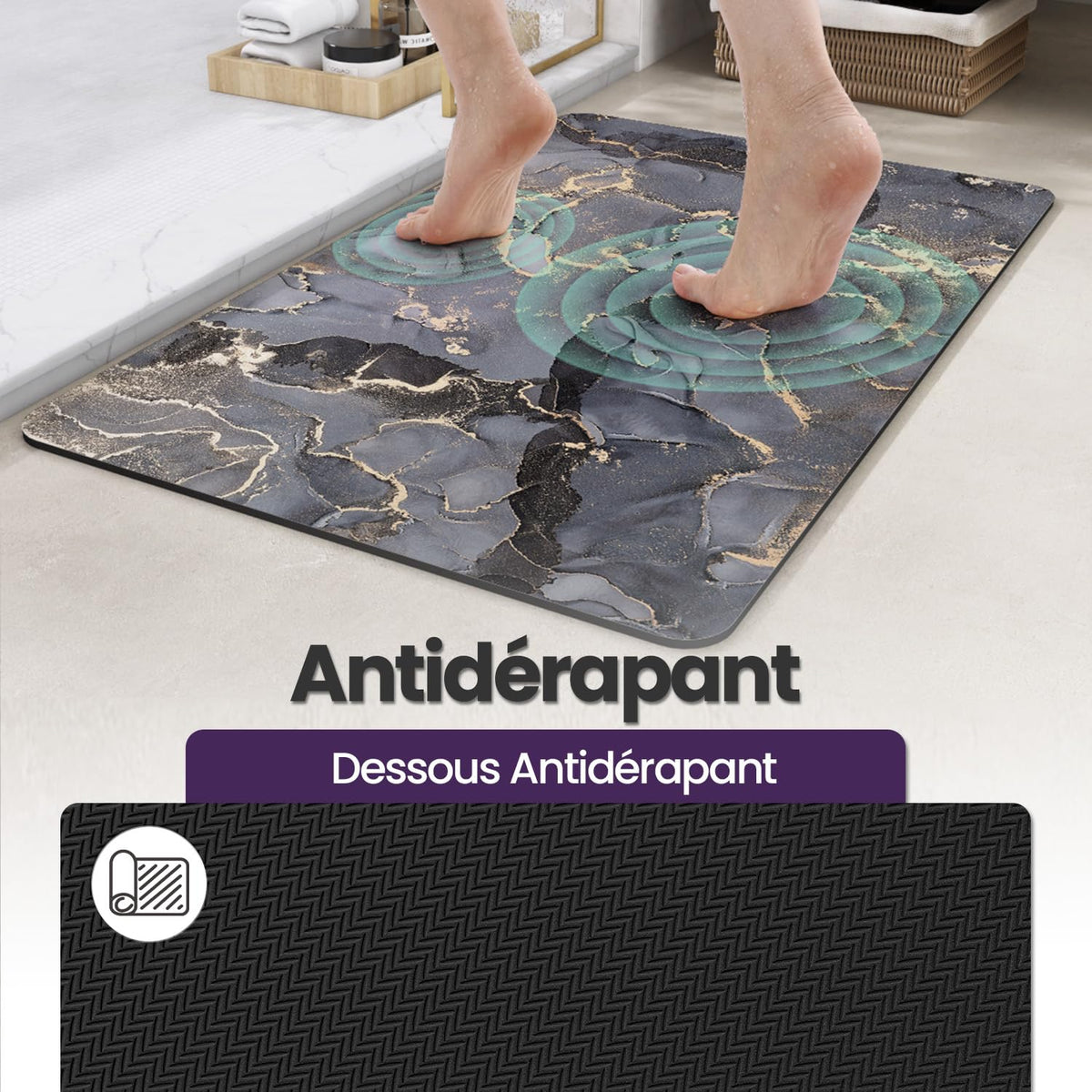 DEXI Tapis de Bain Antidérapant Ultra Mince 40x60cm Noir | Super Absorbant, Sèche Rapide, Motif Marbre Moderne, Facile à Nettoyer, pour Salle de Bain, Baignoire et Douche