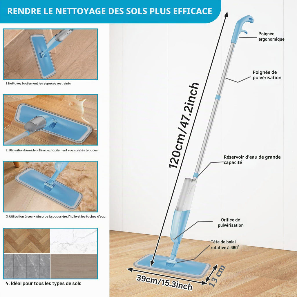 Balais Serpillère Vaporisateur, MEXERRIS Balai Lave Sol avec 2 Reservoirs | Spray Mop Professionnel Microfibre Mop Pulvérisateur pour la Maison, la Cuisine, Bois, Parquet, Stratifié, Bois, Carrelage