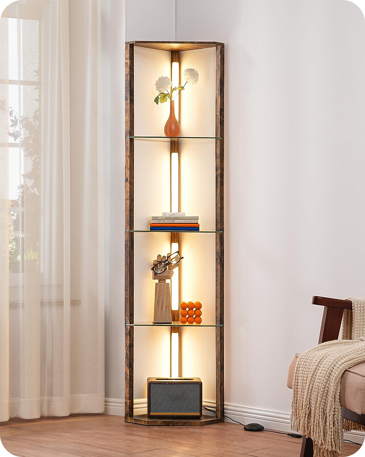 EDISHINE Lampadaire avec Étagère pour Salon, LED Dimmable, Noir | 3 Températures de Couleur, Lampadaire LED avec Tige Pivotante à 360°, Interrupteur au Pied, Étagère d’Angle Éclairée