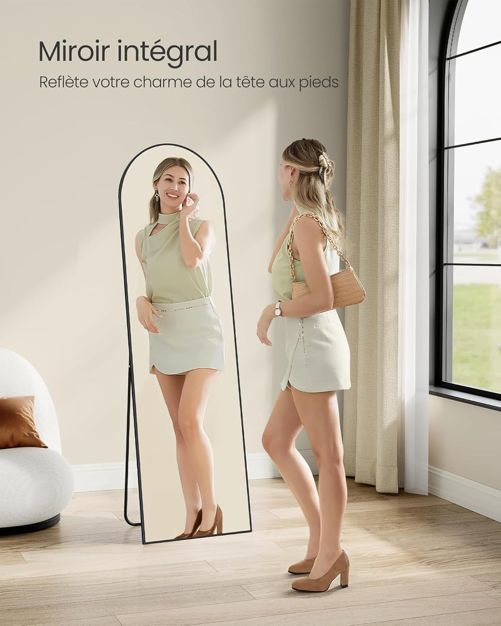 SONGMICS Miroir Intégral, 160 x 50 cm, Miroir Arqué sur Pied, à Poser au Sol, Cadre en Alliage d’Aluminium, Verre Trempé, pour Chambre, Salon, Dressing, Noir d'encre LFM031B01 | Cadre en alliage d'aluminium pour chambre à coucher, salon, vestiaire, noir m