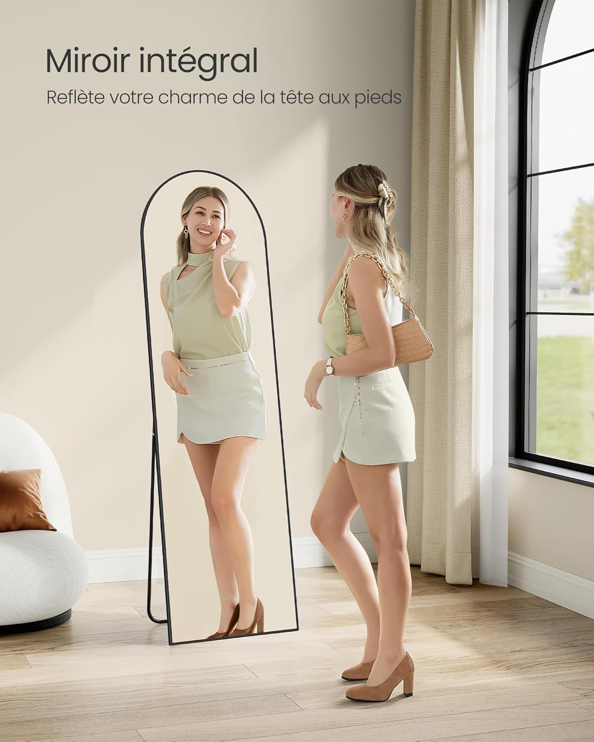 SONGMICS Miroir Intégral, 160 x 50 cm, Miroir Arqué sur Pied, à Poser au Sol, Cadre en Alliage d’Aluminium, Verre Trempé, pour Chambre, Salon, Dressing, Noir d'encre LFM031B01 | Cadre en alliage d'aluminium pour chambre à coucher, salon, vestiaire, noir m