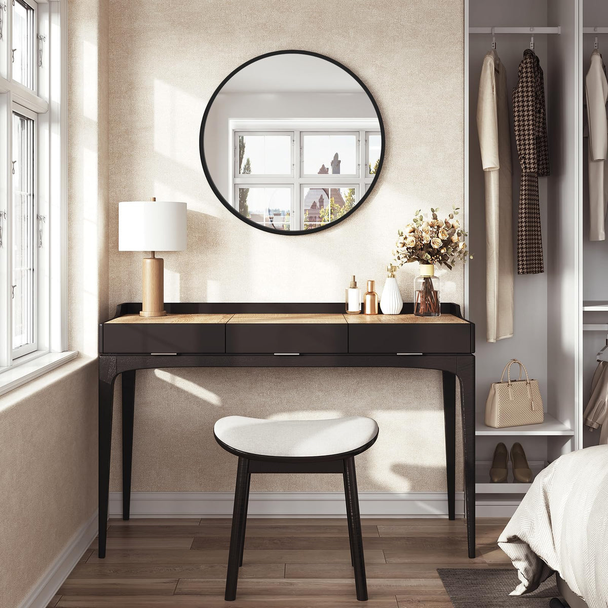 WOLTU Miroir Mural Rond, Miroir Salle de Bain, Ø50 cm, Doré | Cadre en Métal, Miroir Rond Décoratif pour Entrée, Chambre, Maquillage, Couloir, Moderne