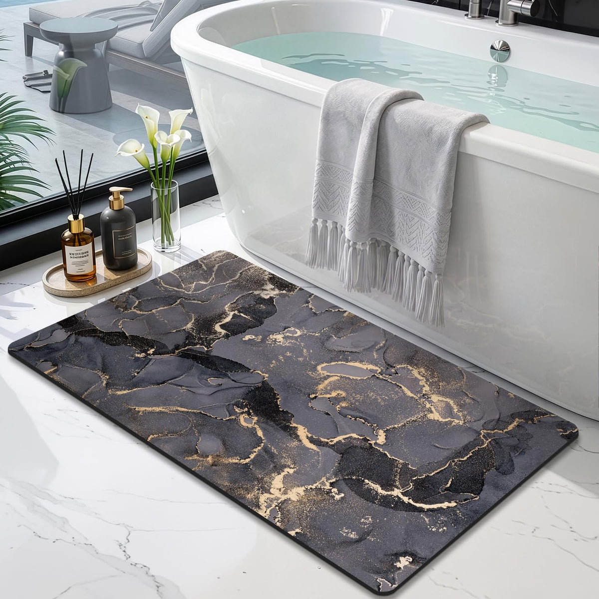 DEXI Tapis de Bain Antidérapant Ultra Mince 40x60cm Noir | Super Absorbant, Sèche Rapide, Motif Marbre Moderne, Facile à Nettoyer, pour Salle de Bain, Baignoire et Douche