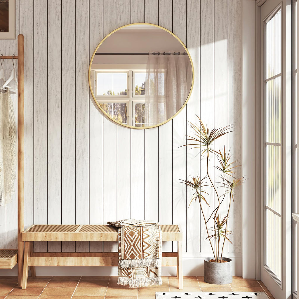 WOLTU Miroir Mural Rond, Miroir Salle de Bain, Ø50 cm, Doré | Cadre en Métal, Miroir Rond Décoratif pour Entrée, Chambre, Maquillage, Couloir, Moderne